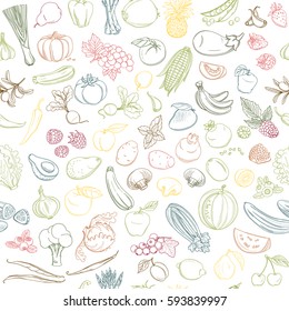 Colored Seamless Background Pattern Of Organic Farm Fresh Fruits And Vegetables. Vector Illustration. Outline Line Flat Style Design. White Backdrop.