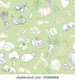 Colored Seamless background pattern of organic farm fresh fruits and vegetables. Vector illustration. Outline line flat style design. White backdrop.