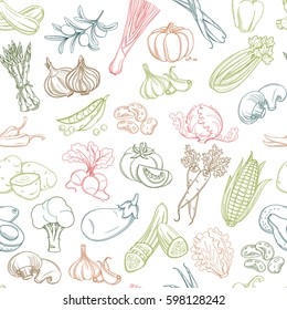 Colored Seamless background pattern of organic farm fresh fruits and vegetables. Vector illustration. Outline line flat style design. White backdrop.