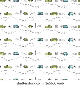 Colored seamless background with a variety of vehicles, signs, road