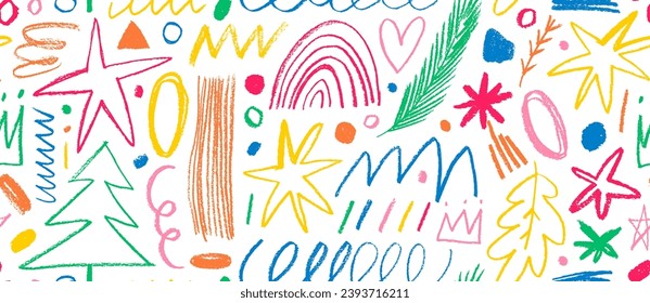 Colored seamless banner design with charcoal Christmas shapes. Childish or funny sketches, charcoal and pencil doodle drawings. Hand drawn vector seamless pattern with various doodle shapes.