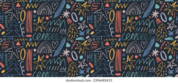 Colored seamless banner design with charcoal Christmas shapes. Childish or funny sketches, charcoal and pencil doodle drawings. Hand drawn vector seamless pattern with various doodle shapes.