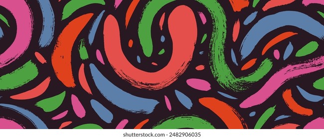 Colored seamless banner design with messy bold lines and short strokes. Hand drawn squiggle brush strokes seamless pattern. Vector freehand background with abstract thick lines and swirls.