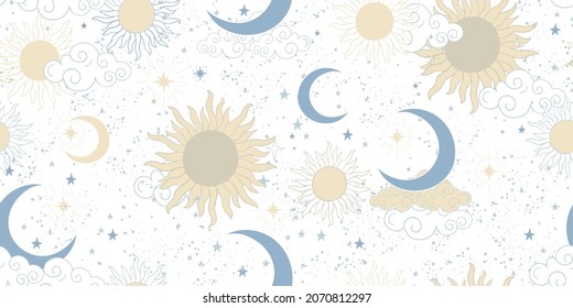 Colored seamless boho pattern for astrology, tarot. Gold sun and blue crescent moon with stars on a white background, space ornament for textiles. Vector illustration.