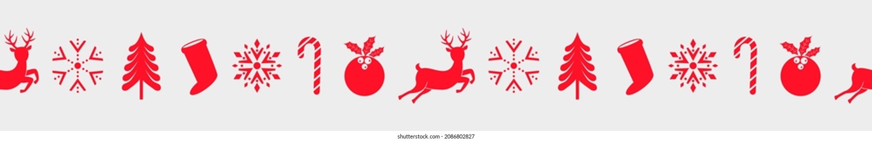 colored seamless border merry christmas and happy new year icons christmas pudding, holly, snowflakes, tree, deer, sock. vector illustration isolated. concept Xmas