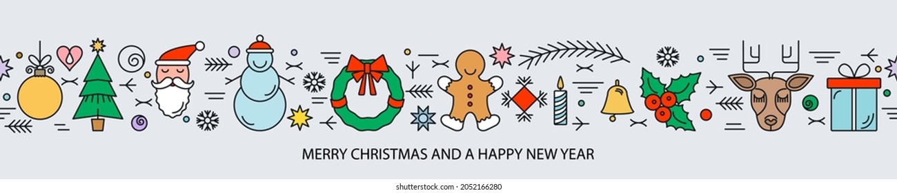 colored seamless border pattern merry christmas and happy new year icons santa, deer, holly, gift, wreath, tree and balls, lollipop, mitten and gingerbread. vector illustration isolated.Xmas