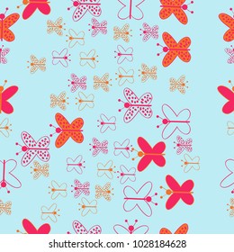 Colored  seamless butterfly with ellipses, pattern . Hand drawn.