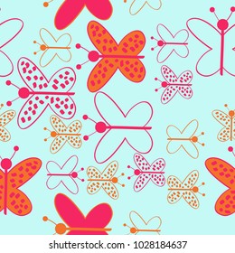 Colored  seamless butterfly with ellipses, pattern . Hand drawn.