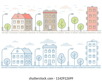 Colored seamless cityscape with houses, trees.  Minimalist contour style. 