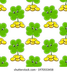 Colored seamless clover pattern. Cartoon style. Hand drawn. Vector illustration isolated on white background. For wallpaper, poster, banner.