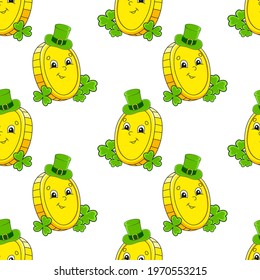 Colored seamless coin pattern. Cartoon style. Hand drawn. Vector illustration isolated on white background. For wallpaper, poster, banner.