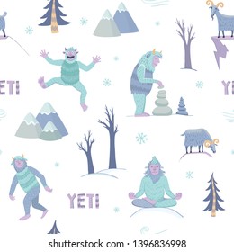 Colored seamless cute pattern with yeti, mountains and goats on white background
