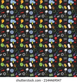 Patrón de doodle impecable de color con iconos de conjunto de negocios y tecnología. Vector de garabatos con iconos de negocio en el fondo oscuro. Iconos de tecnología de vintage, fondo de elementos dulces para el proyecto