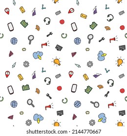 Colored seamless doodle pattern with business and technology set icons. Doodle vector with business icons on white background. Vintage technology icons,sweet elements background for your project