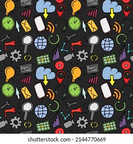 Patrón de doodle impecable de color con iconos de conjunto de negocios y tecnología. Vector de garabatos con iconos de negocio en el fondo oscuro. Iconos de tecnología de vintage, fondo de elementos dulces para el proyecto