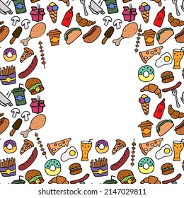 Colored seamless fast food pattern with place for text.Doodle vector with fast food icons on white background.Vintage fast food illustration, sweet elements background for your project, menu,cafe shop