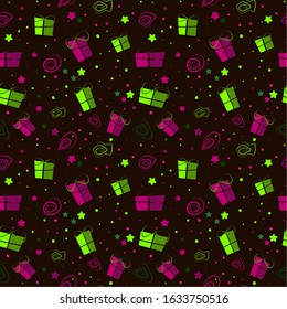 
Colored seamless festive pattern with gifts and doodles on a dark background. Can be used as packaging. vector. illustration