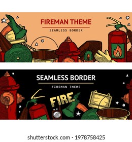 Colored Seamless Firefighting Vintage Border. Template of fireman tools. Rescue equipment isolated. Horizontal Design Template with Copy Space for Social Media, Web, Instruction. advertising banner