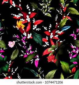 Colored seamless floral background pattern. Snowberry branches with red and green leaves behind. Hand drawn illustration on black. Vector - stock.