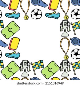 Colored seamless football pattern with place for text. Doodle football illustration. Football cup background