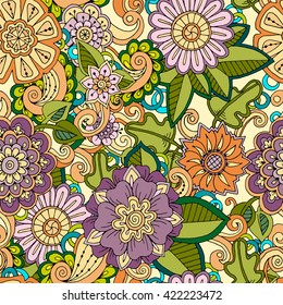 Colored seamless hand drawn patterns with flowers. Ornate patterns with abstract flowers and leaves. Doodle floral backgrounds. Zentangle inspired patterns. Colorful patterns for your business.  