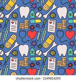 Colored seamless medicine pattern. Doodle vector with medicine icons on blue background. Vintage medicine icons