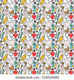 Farbige, nahtlose Medizin Muster. Doodle-Vektorgrafik mit Medizin-Symbolen auf weißem Hintergrund. Vintage-Medizin-Symbole