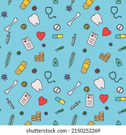 Colored seamless medicine pattern. Doodle vector with medicine icons on blue background. Vintage medicine icons