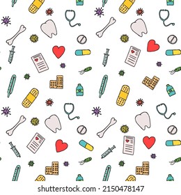 Colored seamless medicine pattern. Doodle vector with medicine icons on white background. Vintage medicine icons