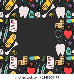 Patrón de medicina sin fisuras de color con lugar para texto. Vector de doodle con íconos de medicina en fondo oscuro. Iconos de medicina de cosecha