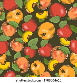 Colored seamless pattern with apples and peaches in vintage style