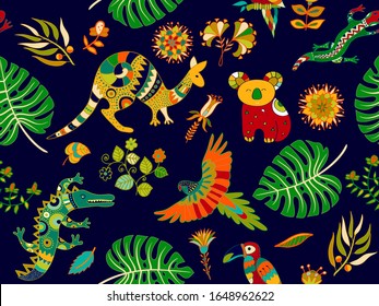 Colored seamless pattern, australian animals, birds and plants. Design for baby fabric, carpet, wallpaper. Children cartoon illustration, vector clipart. Tropical nature, vector background