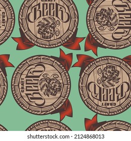 Colored seamless pattern with a beer barrel and a ribbon on a green background. Template for design.