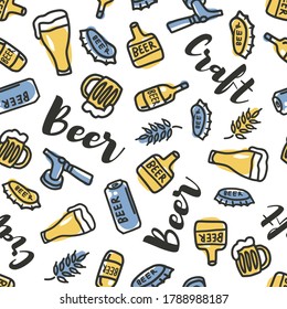Colored seamless pattern with beer mug with foam, metal cap, bottle and cold beer tap. Types of glasses for bavarian october festival