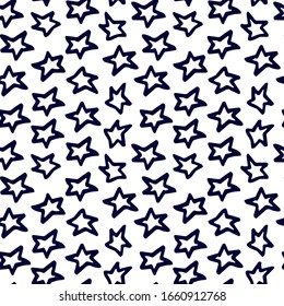 Colored Seamless pattern with blue Simple Hand drawn doodle star. thick Black stroke, simple line. Vector illustration isolated on white background. 