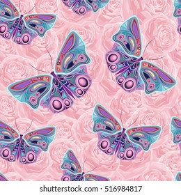 Colored seamless pattern with bright butterflies and tender roses, vector