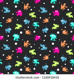 Colored seamless pattern with bright monsters on black background. Vector illustration