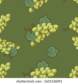 Colored seamless pattern with bunches of green grapes in vintage style