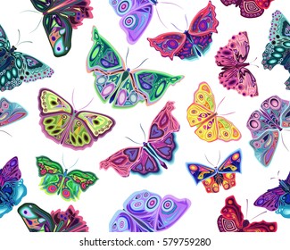 Colored  seamless pattern with butterflies, Butterflies on white background, vector, design for textile texture, fabric, card, patches, cover, paper, wallpaper, wrapper