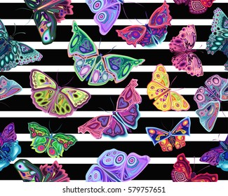 Colored  seamless pattern with butterflies, striped pattern, vector, design for textile texture, fabric, card, patches, cover, paper, wallpaper, wrapper