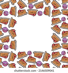 Colored seamless pattern with cakes and donuts icons. vector food icons with place for text