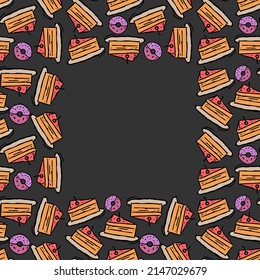 Colored seamless pattern with cakes and donuts icons. vector food icons with place for text
