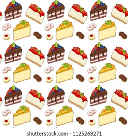 Colored Seamless Pattern with Cakes and Pastries. Background with Sweets in Hand Drawn Doodle Style. Vector Illustration