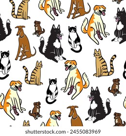 colored seamless pattern cartoon dogs and cats doodle style. pets design for wallpaper, backdrop, wrapping, textile print