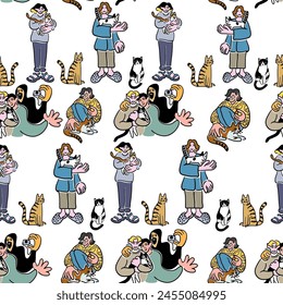 colored seamless pattern cartoon people doodle style. male and female in different poses with pets. design for wallpaper, backdrop, wrapping, textile print