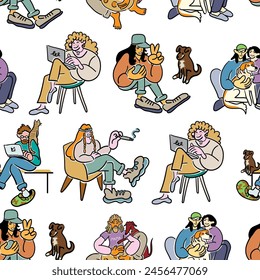 colored seamless pattern cartoon people doodle style. male and female in different poses with pets. design for wallpaper, backdrop, wrapping, textile print