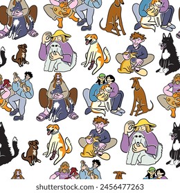colored seamless pattern cartoon people doodle style. male and female in different poses with pets. design for wallpaper, backdrop, wrapping, textile print