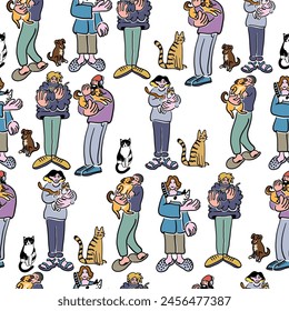 colored seamless pattern cartoon people doodle style. male and female in different poses with pets. design for wallpaper, backdrop, wrapping, textile print