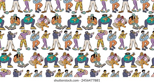 colored seamless pattern cartoon people musician doodle style. male and female in different poses with musical instruments. design for wallpaper, backdrop, wrapping, textile print