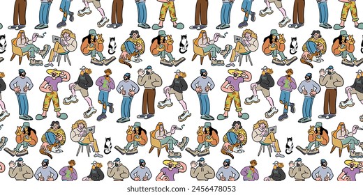 colored seamless pattern cartoon people doodle style. male and female in different poses with pets. design for wallpaper, backdrop, wrapping, textile print